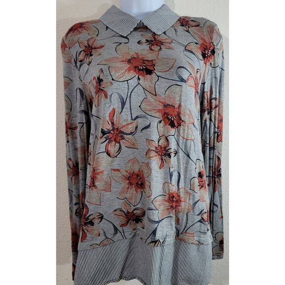 Zac & Rachel Gray Floral Print Layered Look Shirt Medium Long Sleeve Collard - Picture 1 of 6